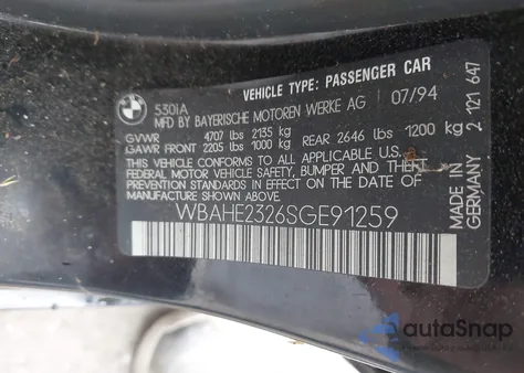 1995 BMW 530 I Automatic из США, поврежденный, VIN WBAHE2326SGE91259